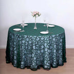 Tulle 120" Round Tablecloth Hunter Emerald Green - Seamless Sequin Leaf Embroidered Table Cover - Bell Racket Store