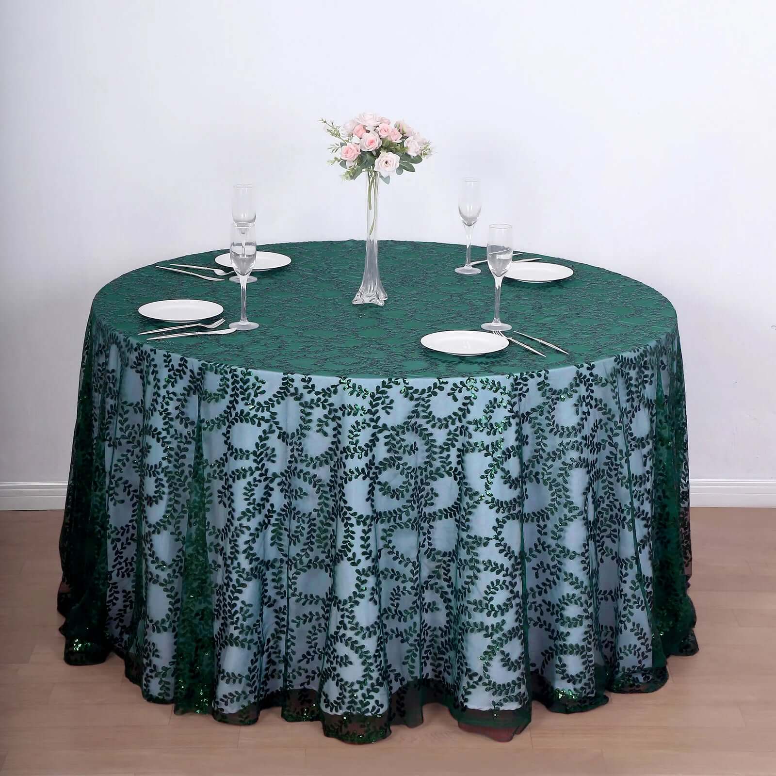 Tulle 120" Round Tablecloth Hunter Emerald Green - Seamless Sequin Leaf Embroidered Table Cover - Bell Racket Store