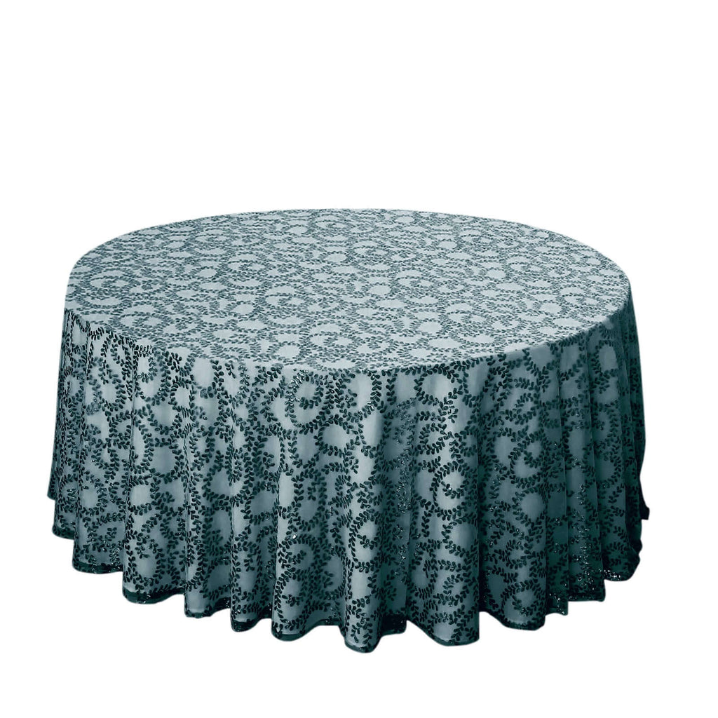 Tulle 120" Round Tablecloth Hunter Emerald Green - Seamless Sequin Leaf Embroidered Table Cover - Bell Racket Store