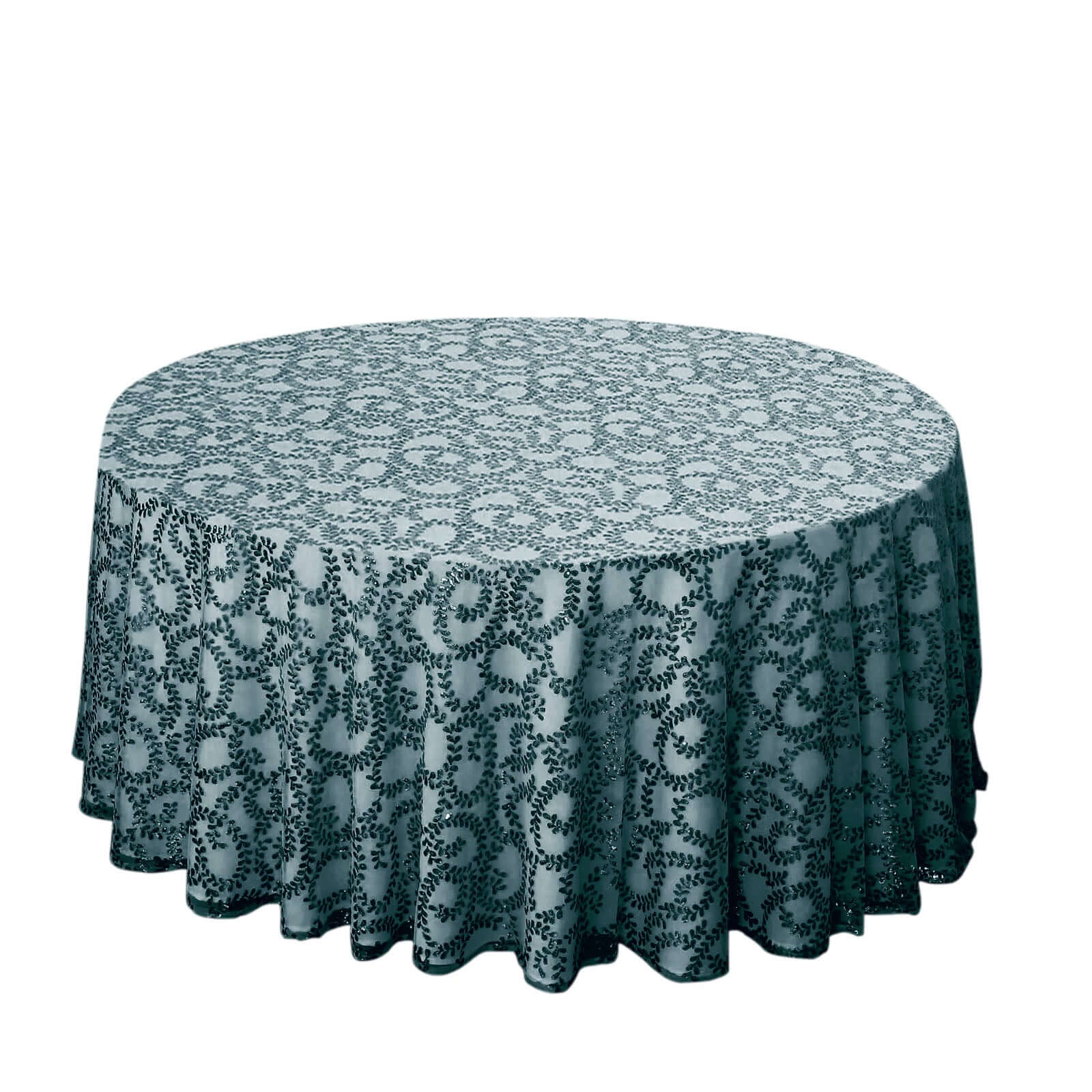 Tulle 120" Round Tablecloth Hunter Emerald Green - Seamless Sequin Leaf Embroidered Table Cover - Bell Racket Store