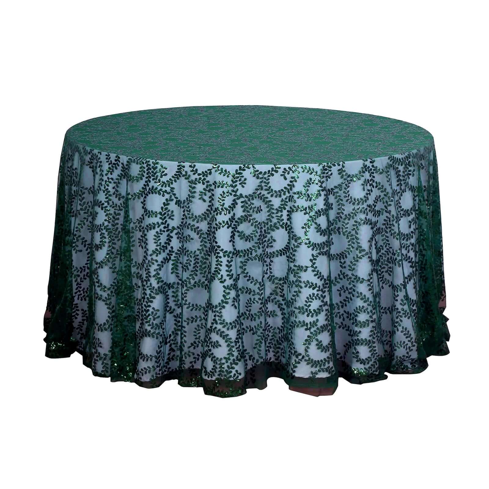 Tulle 120" Round Tablecloth Hunter Emerald Green - Seamless Sequin Leaf Embroidered Table Cover - Bell Racket Store