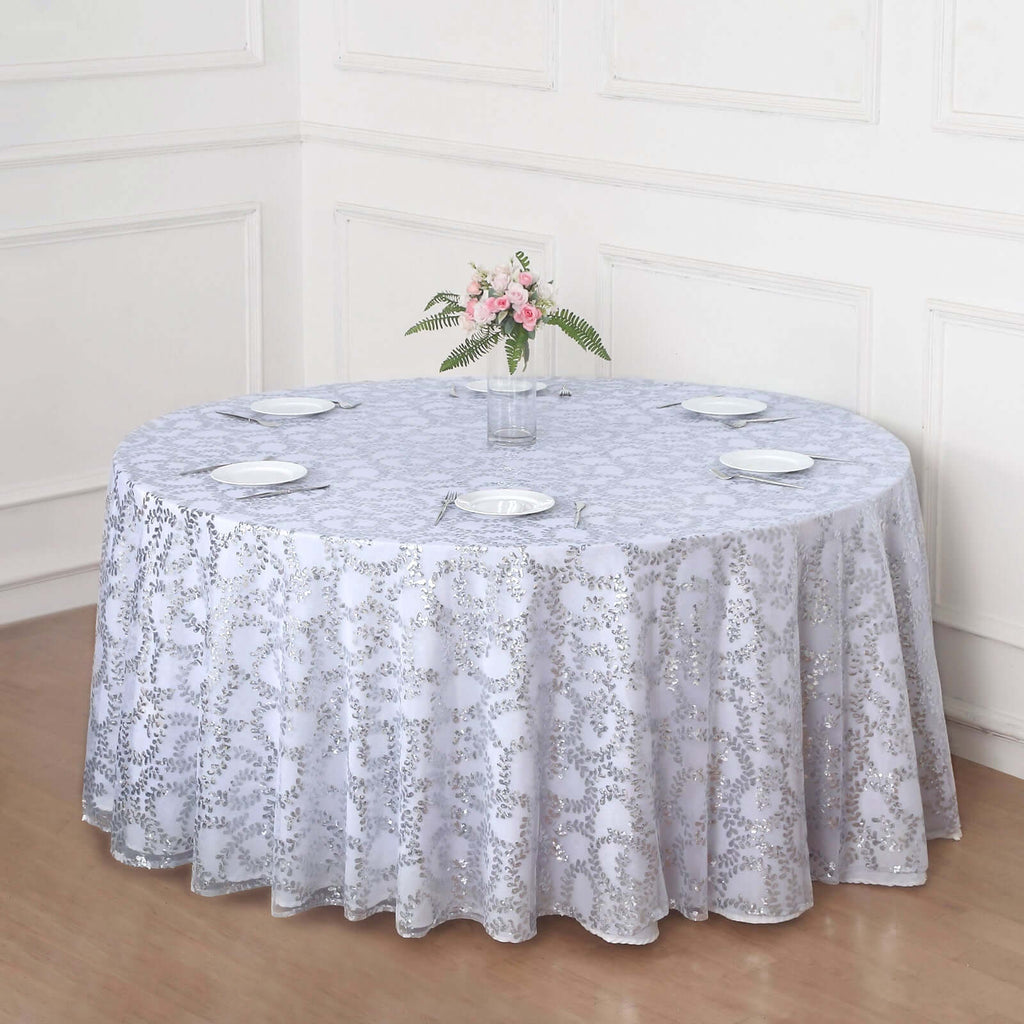 Tulle 120" Round Tablecloth Silver - Seamless Sequin Leaf Embroidered Table Cover - Bell Racket Store
