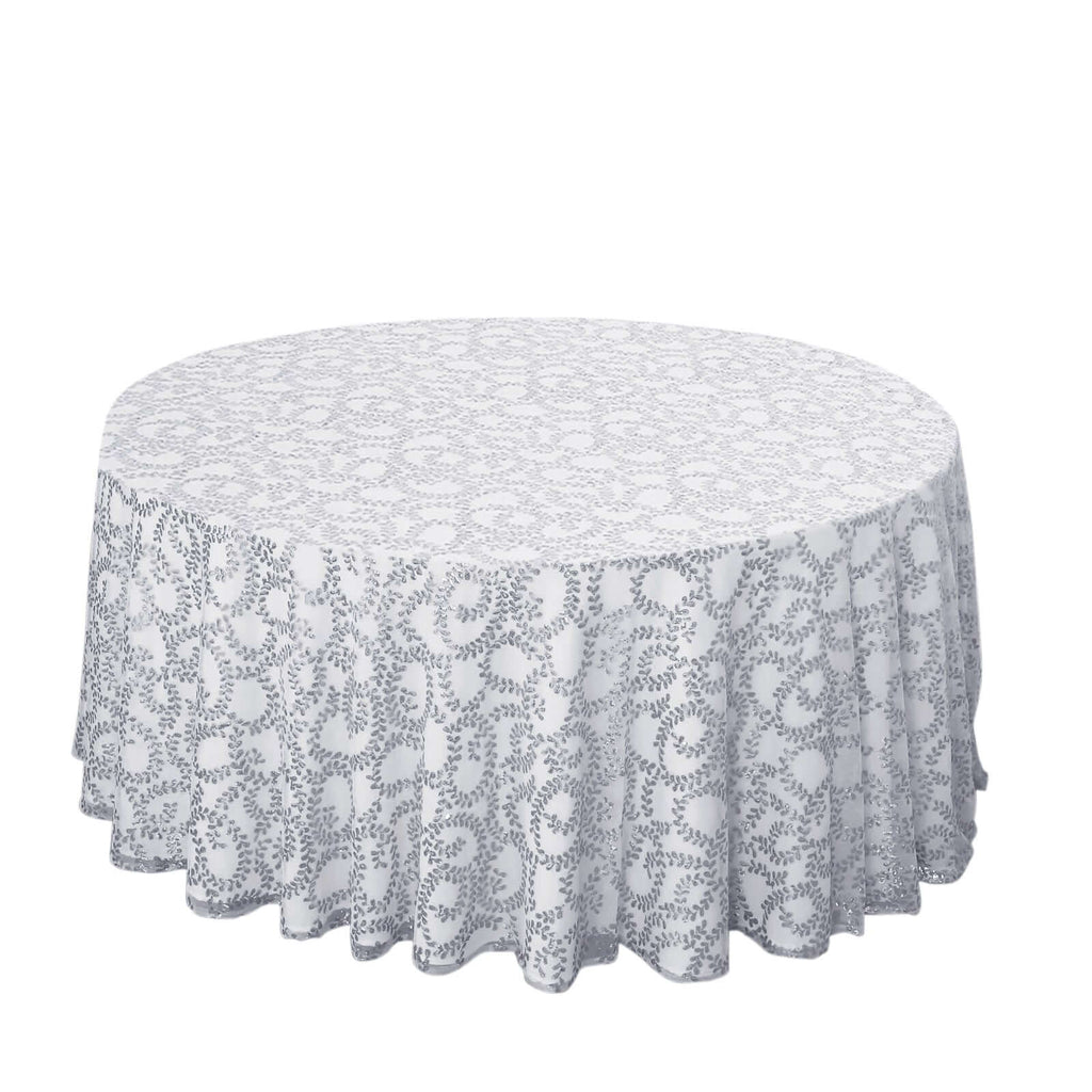 Tulle 120" Round Tablecloth Silver - Seamless Sequin Leaf Embroidered Table Cover - Bell Racket Store