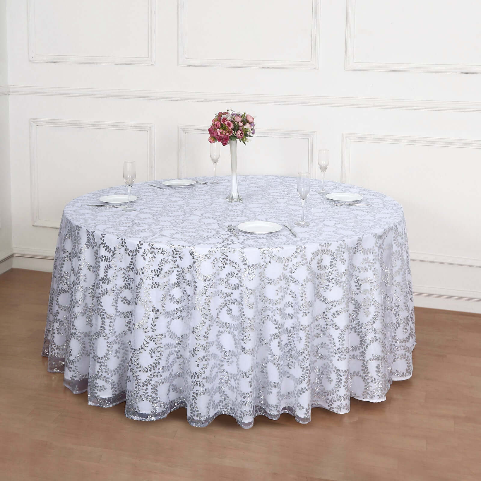 Tulle 120" Round Tablecloth Silver - Seamless Sequin Leaf Embroidered Table Cover - Bell Racket Store