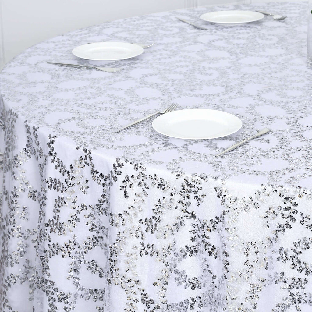 Tulle 120" Round Tablecloth Silver - Seamless Sequin Leaf Embroidered Table Cover - Bell Racket Store