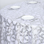Tulle 120" Round Tablecloth Silver - Seamless Sequin Leaf Embroidered Table Cover - Bell Racket Store
