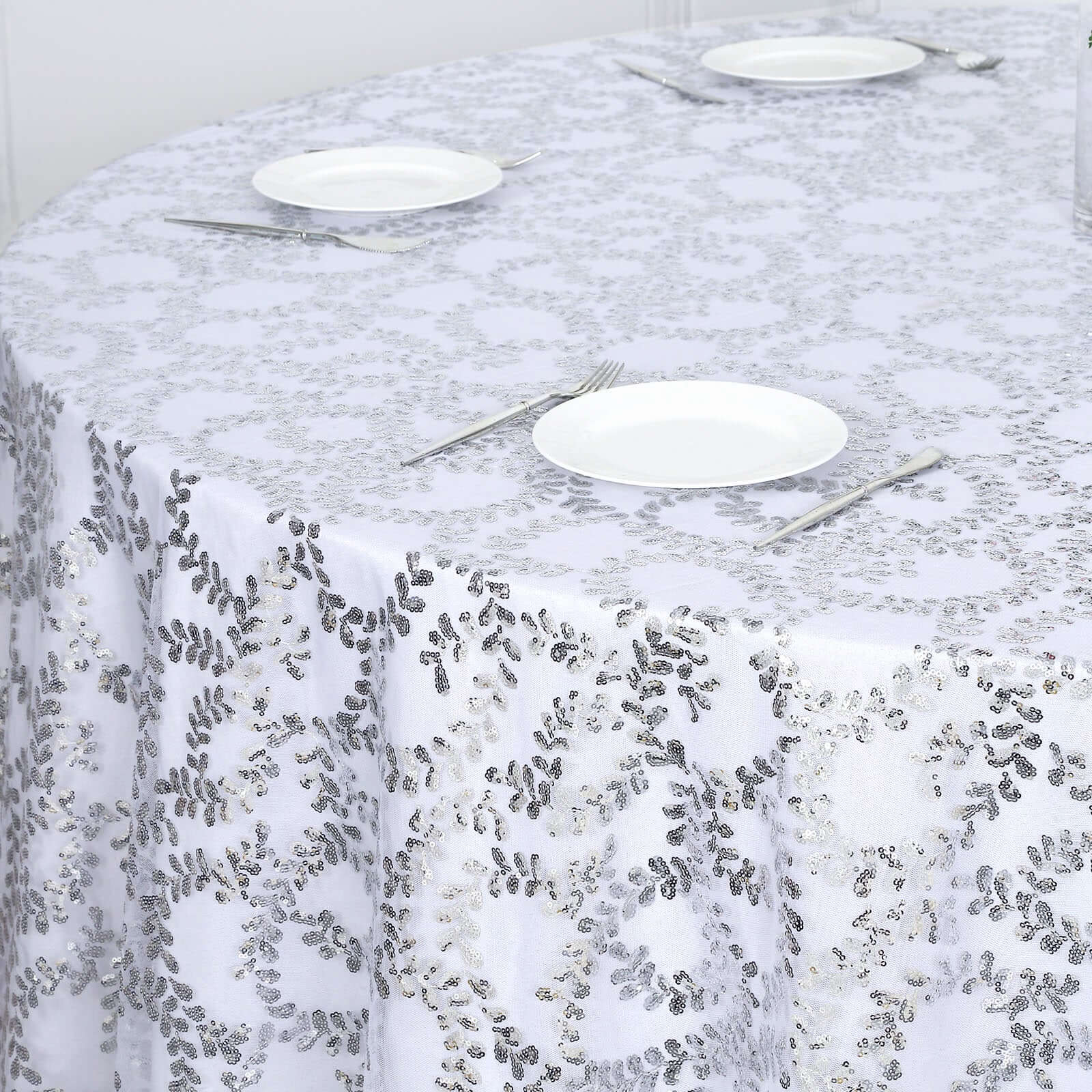 Tulle 120" Round Tablecloth Silver - Seamless Sequin Leaf Embroidered Table Cover - Bell Racket Store