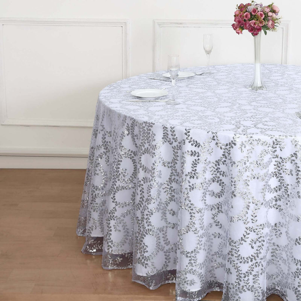Tulle 120" Round Tablecloth Silver - Seamless Sequin Leaf Embroidered Table Cover - Bell Racket Store