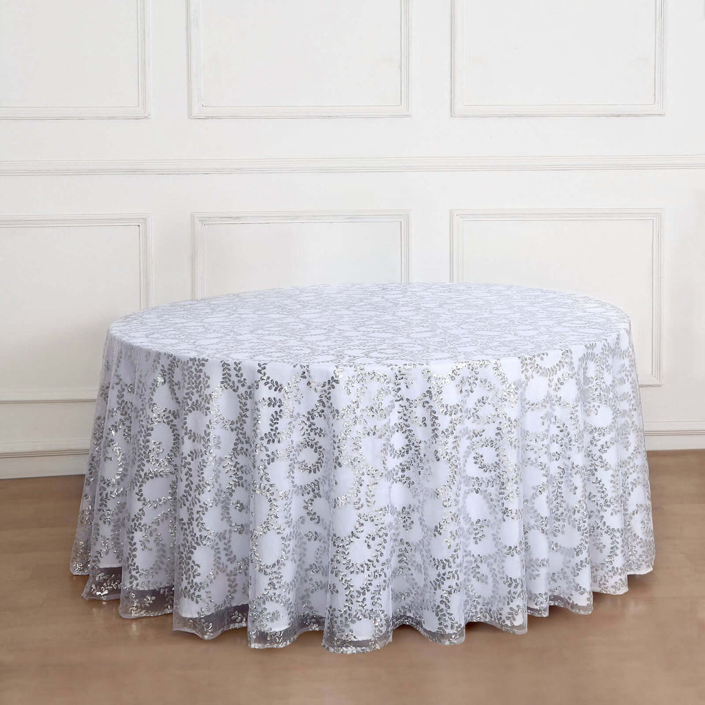 Tulle 120" Round Tablecloth Silver - Seamless Sequin Leaf Embroidered Table Cover - Bell Racket Store