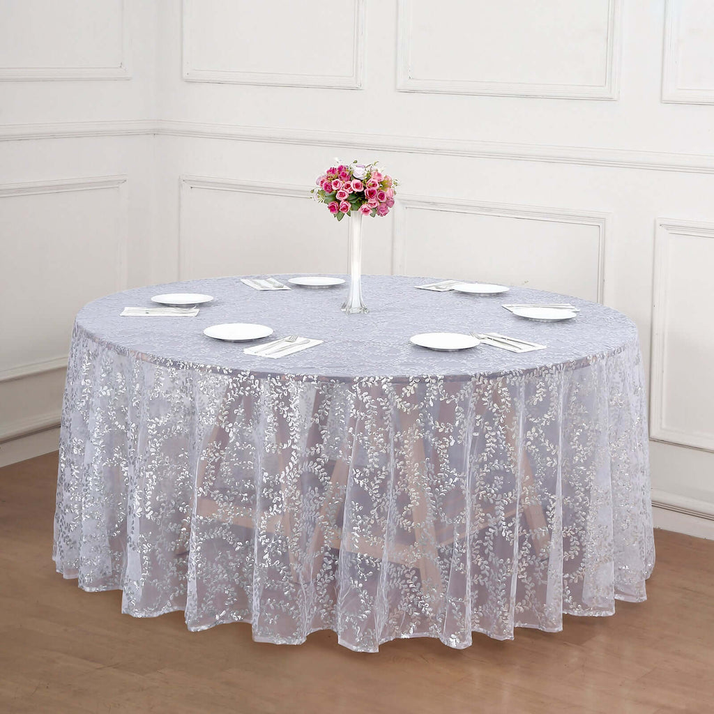 Tulle 120" Round Tablecloth Silver - Seamless Sequin Leaf Embroidered Table Cover - Bell Racket Store