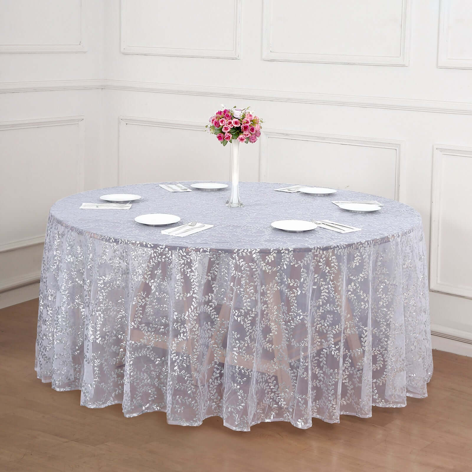 Tulle 120" Round Tablecloth Silver - Seamless Sequin Leaf Embroidered Table Cover - Bell Racket Store