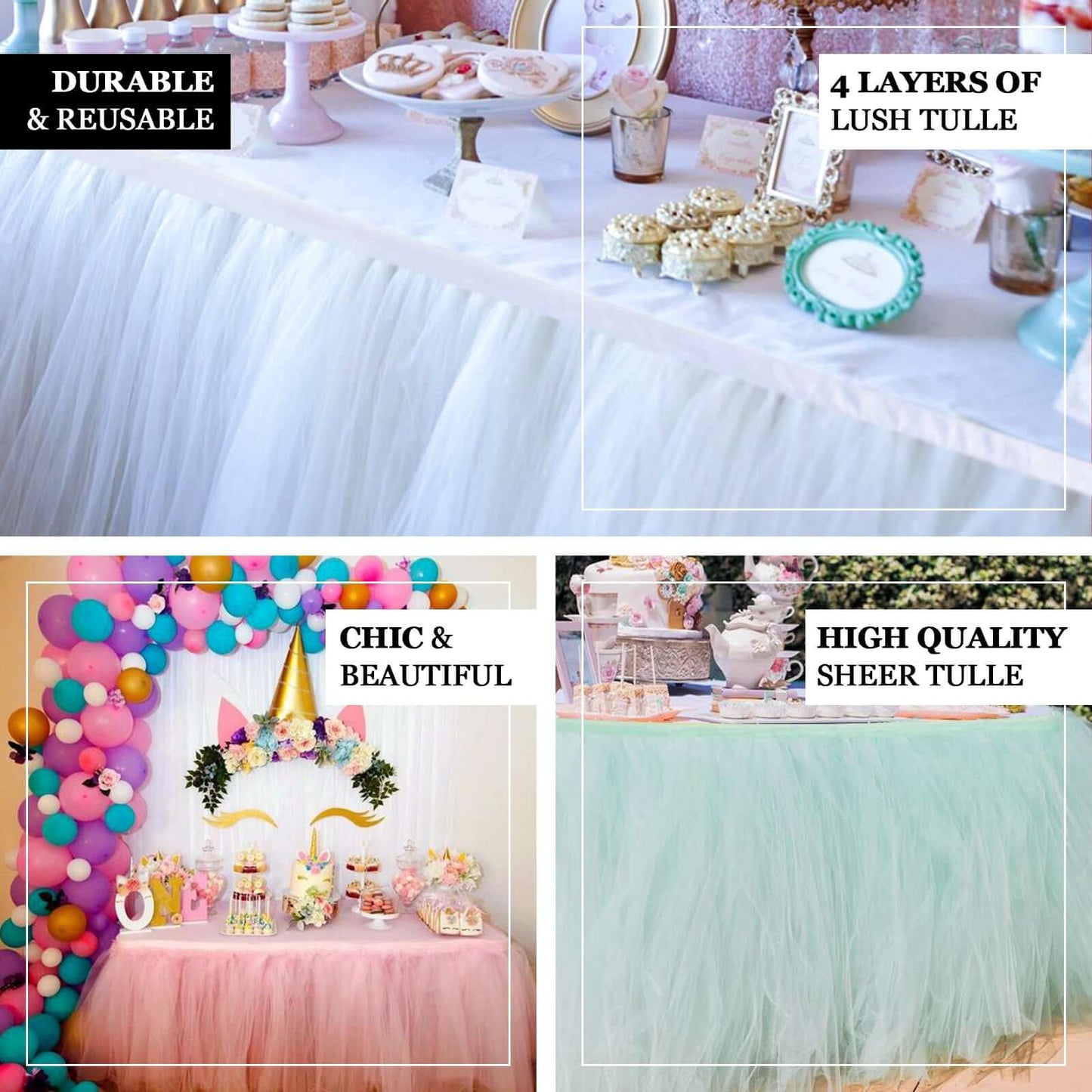 Tulle 14ft Table Skirt White - 4 Layer Pleated Tutu Chic & Soft Event Table Cover - NestOCart
