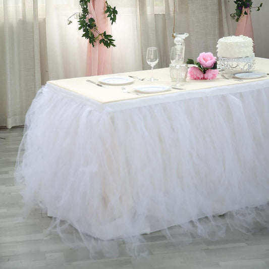 Tulle 14ft Table Skirt White - 4 Layer Pleated Tutu Chic & Soft Event Table Cover - NestOCart