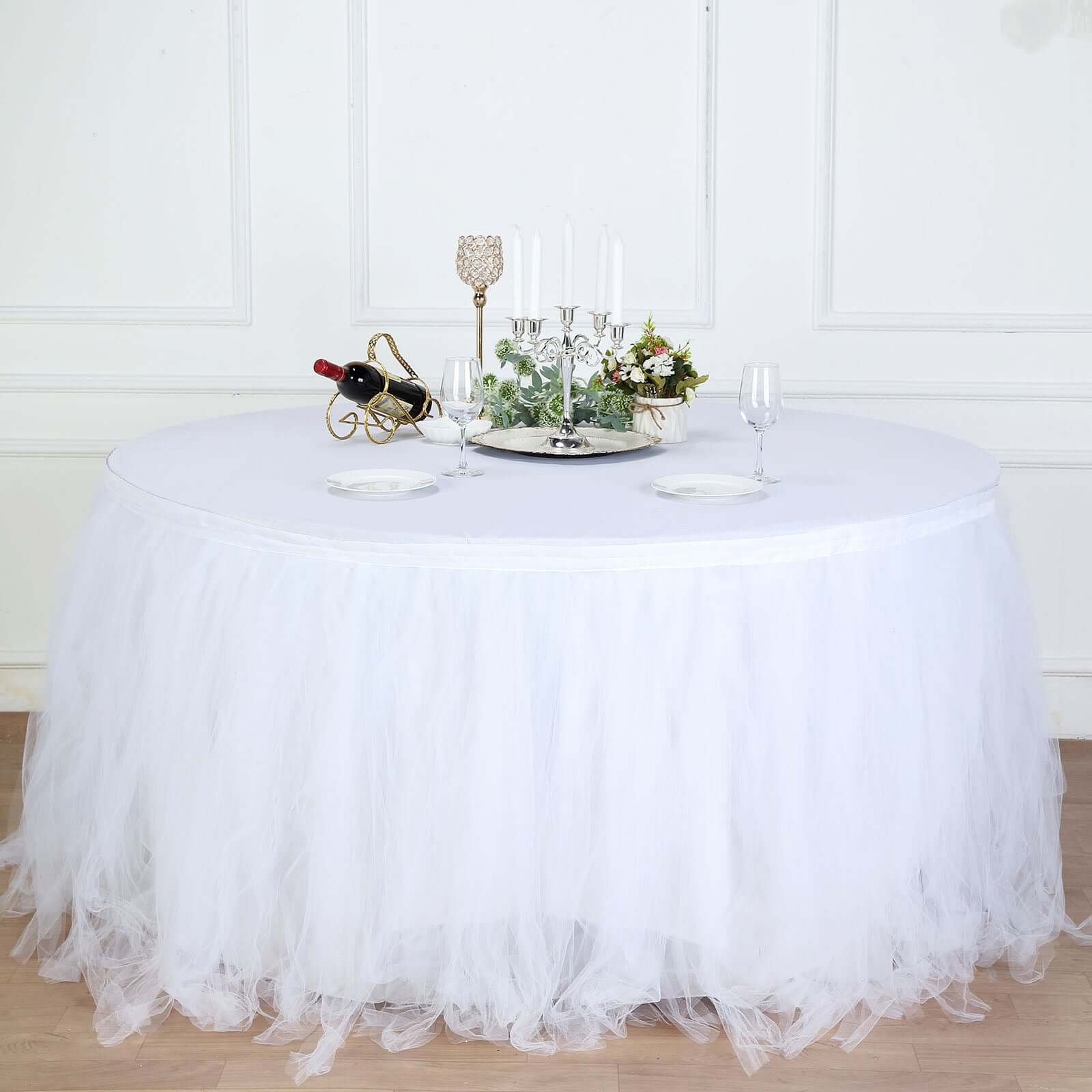 Tulle 17ft Table Skirt White - 4 Layer Pleated Tutu Chic & Soft Event Table Cover - NestOCart
