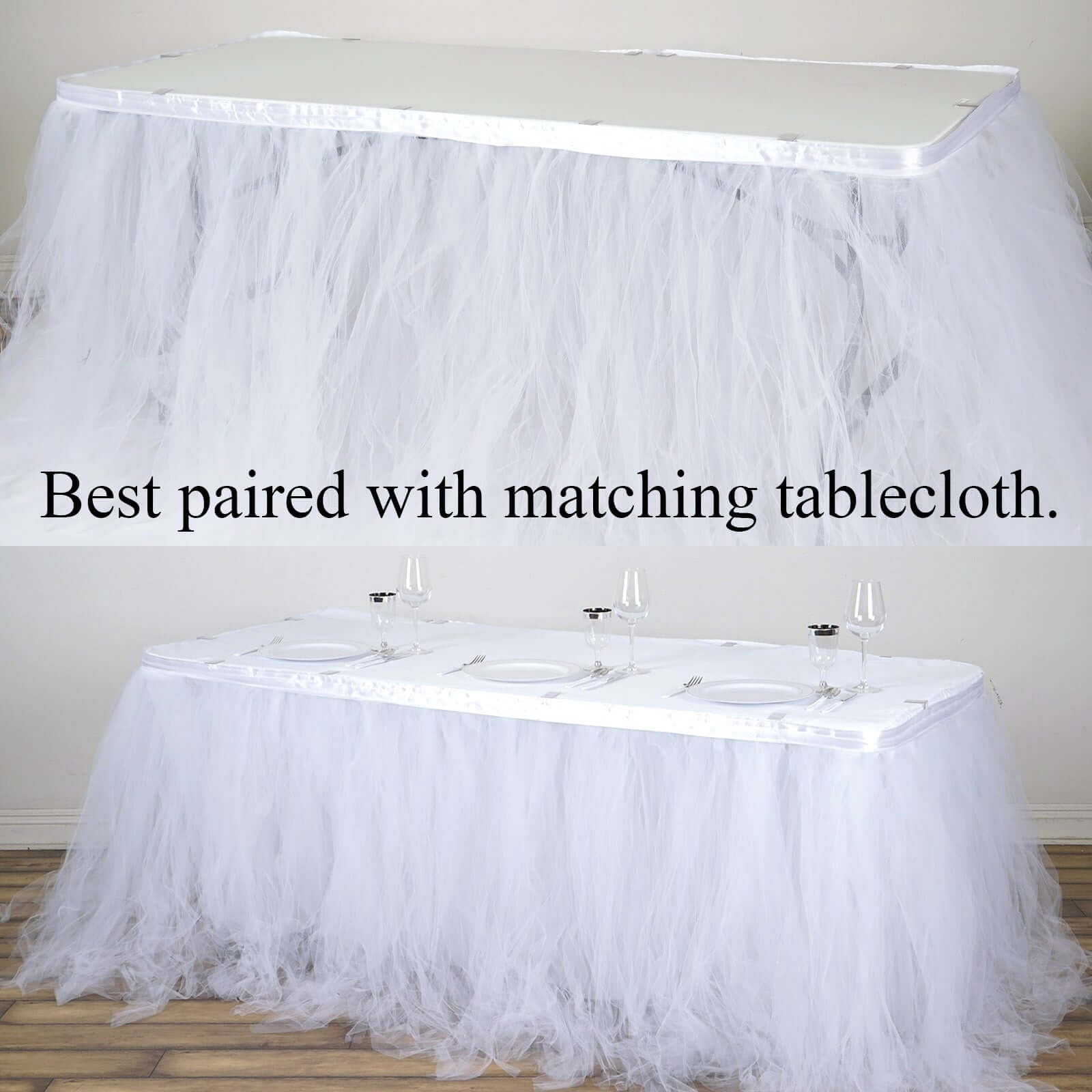 Tulle 17ft Table Skirt White - 4 Layer Pleated Tutu Chic & Soft Event Table Cover - NestOCart