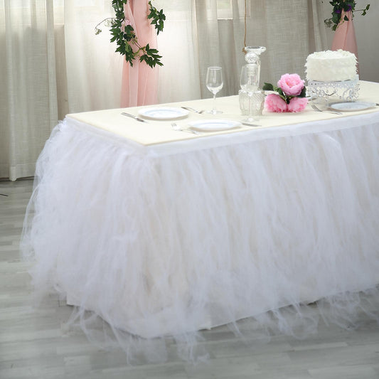 Tulle 21ft Table Skirt White - 4 Layer Pleated Tutu Chic & Soft Event Table Cover - NestOCart