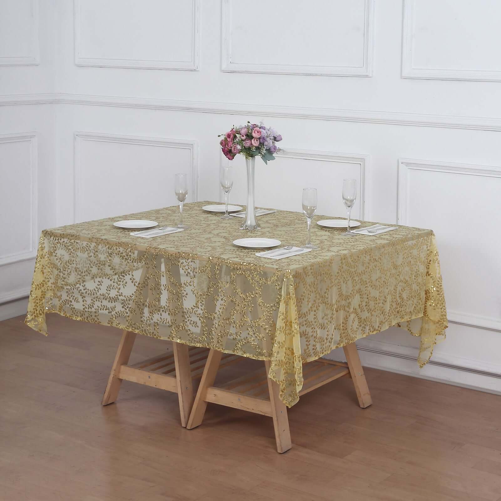 Tulle 72"x72" Table Overlay Square Tablecloth Gold - Sequin Leaf Embroidered Design for Stylish Occasions - Bell Racket Store