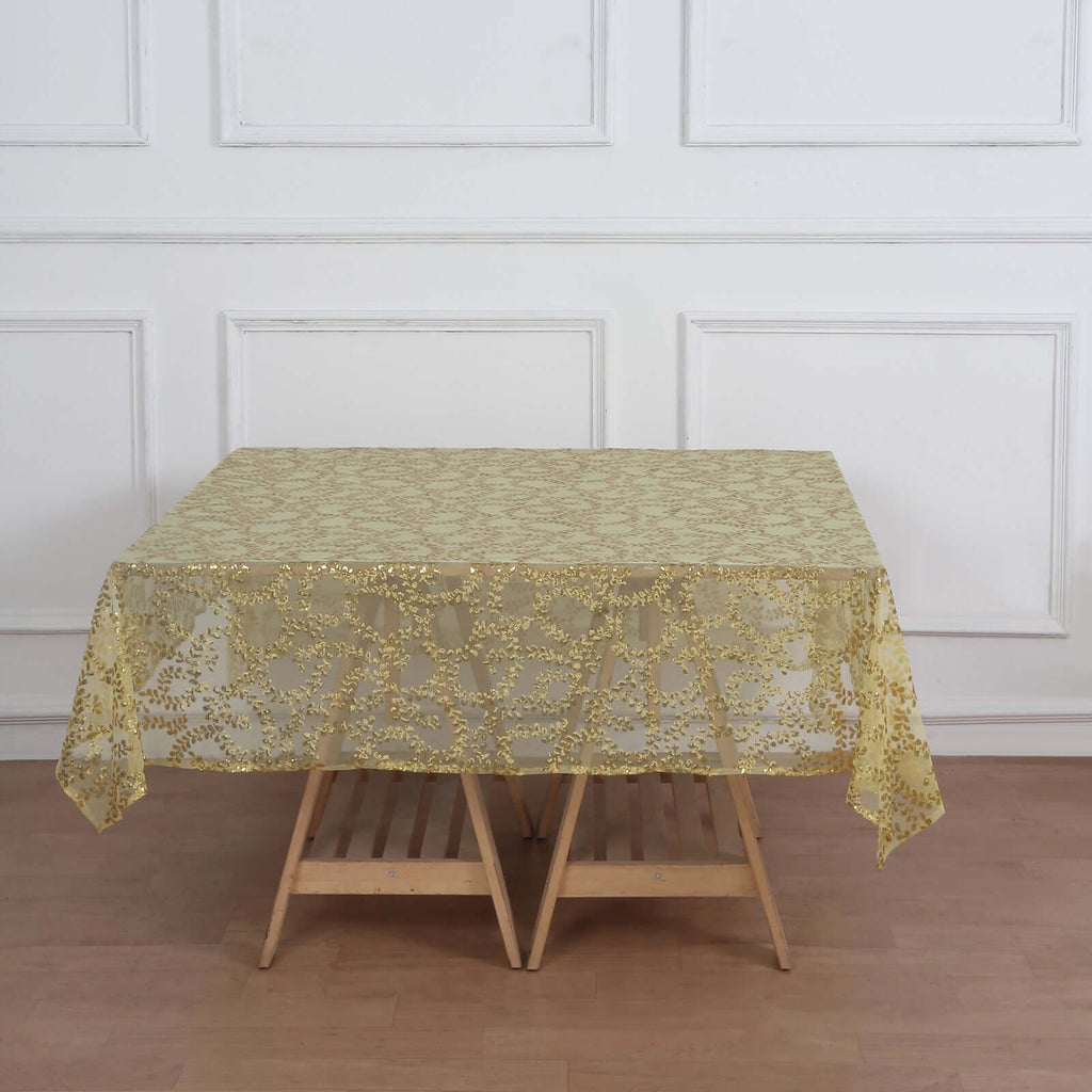 Tulle 72"x72" Table Overlay Square Tablecloth Gold - Sequin Leaf Embroidered Design for Stylish Occasions - Bell Racket Store