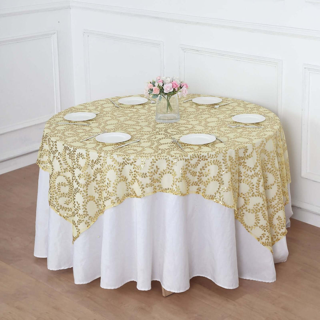 Tulle 72"x72" Table Overlay Square Tablecloth Gold - Sequin Leaf Embroidered Design for Stylish Occasions - Bell Racket Store