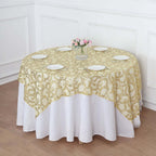 Tulle 72"x72" Table Overlay Square Tablecloth Gold - Sequin Leaf Embroidered Design for Stylish Occasions - Bell Racket Store