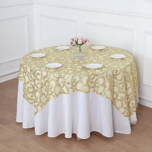 Tulle 72"x72" Table Overlay Square Tablecloth Gold - Sequin Leaf Embroidered Design for Stylish Occasions - Bell Racket Store