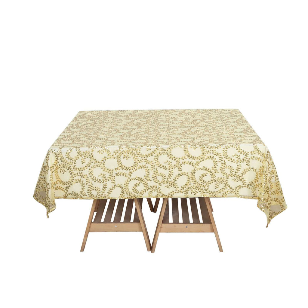 Tulle 72"x72" Table Overlay Square Tablecloth Gold - Sequin Leaf Embroidered Design for Stylish Occasions - Bell Racket Store