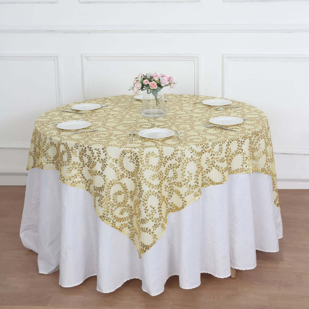 Tulle 72"x72" Table Overlay Square Tablecloth Gold - Sequin Leaf Embroidered Design for Stylish Occasions - Bell Racket Store