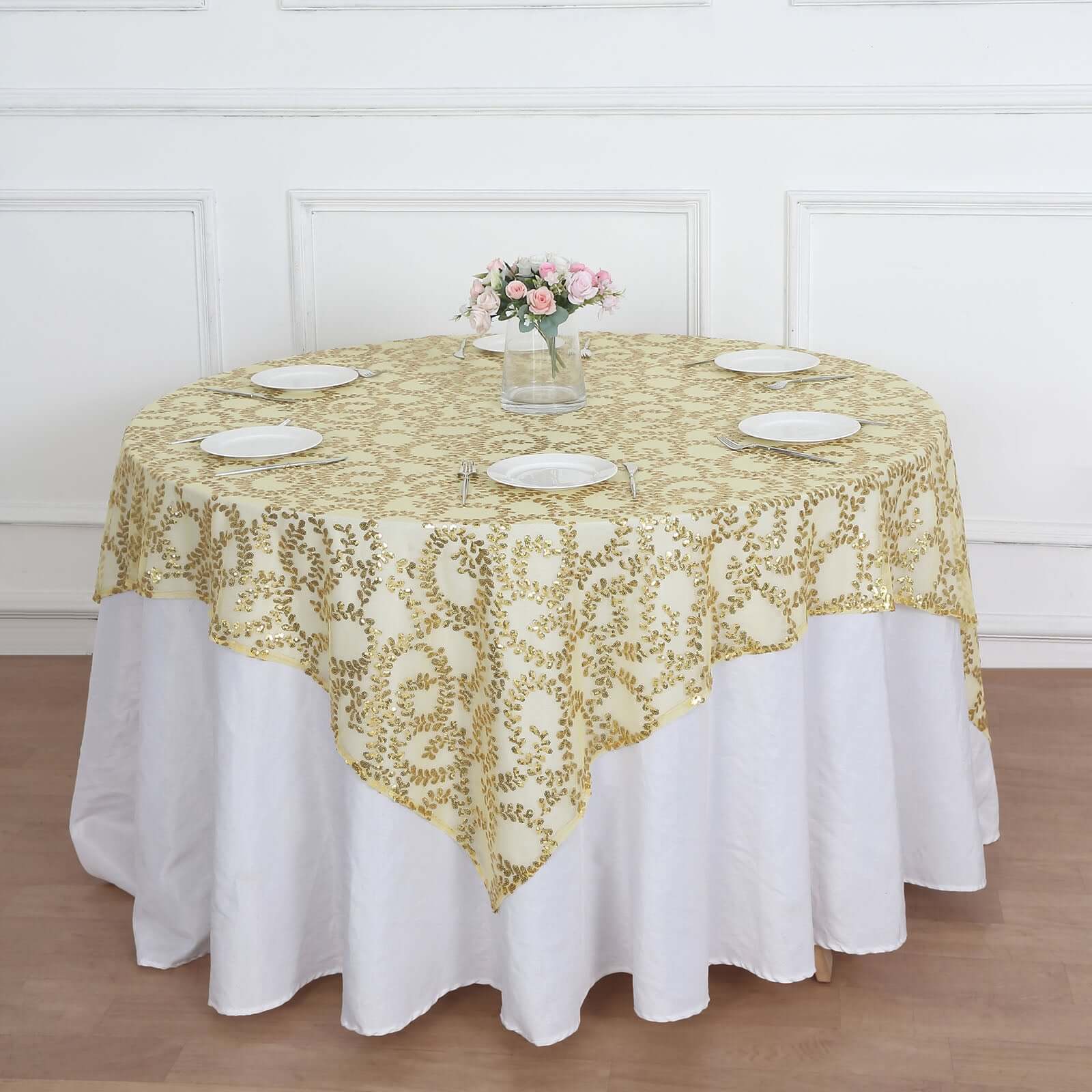 Tulle 72"x72" Table Overlay Square Tablecloth Gold - Sequin Leaf Embroidered Design for Stylish Occasions - Bell Racket Store