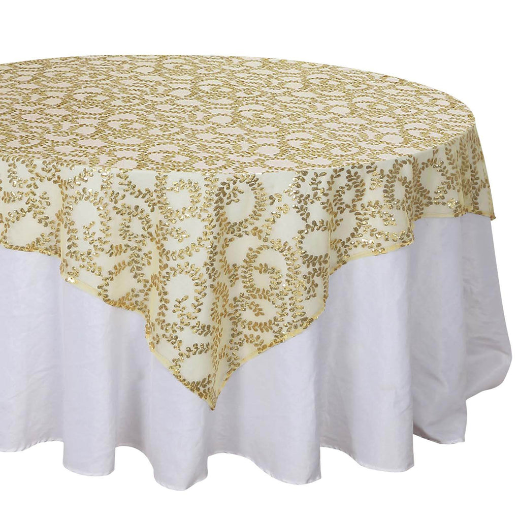 Tulle 72"x72" Table Overlay Square Tablecloth Gold - Sequin Leaf Embroidered Design for Stylish Occasions - Bell Racket Store