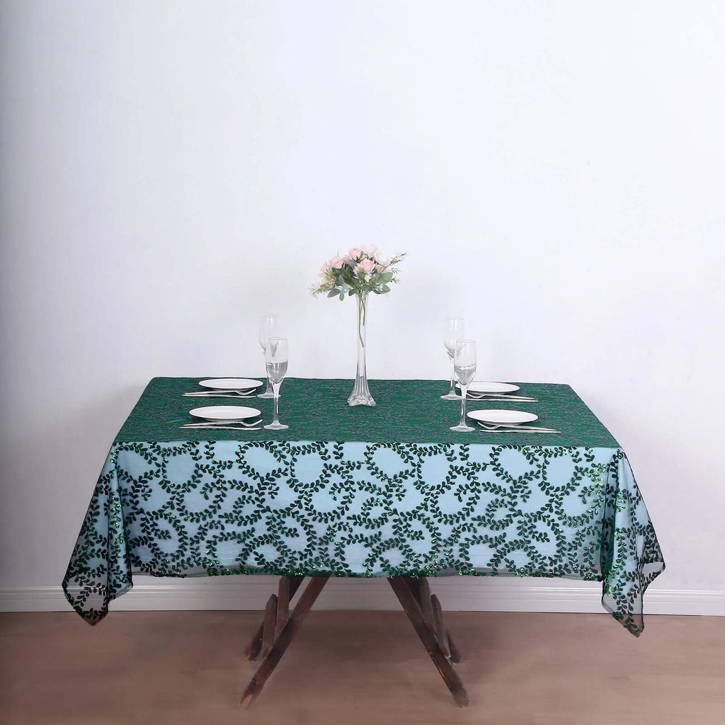 Tulle 72"x72" Table Overlay Square Tablecloth Hunter Emerald Green - Sequin Leaf Embroidered Table Topper - Bell Racket Store