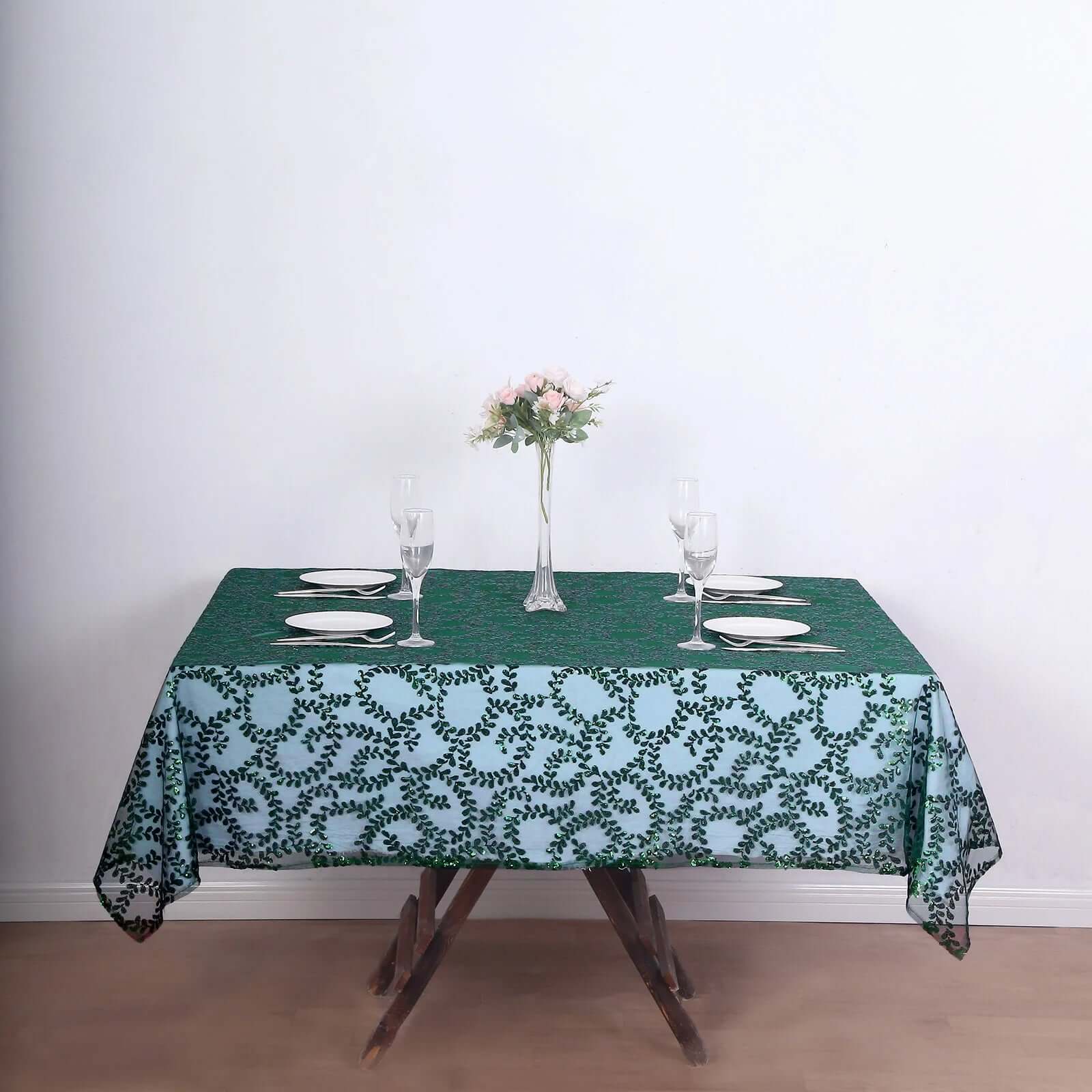 Tulle 72"x72" Table Overlay Square Tablecloth Hunter Emerald Green - Sequin Leaf Embroidered Table Topper - Bell Racket Store
