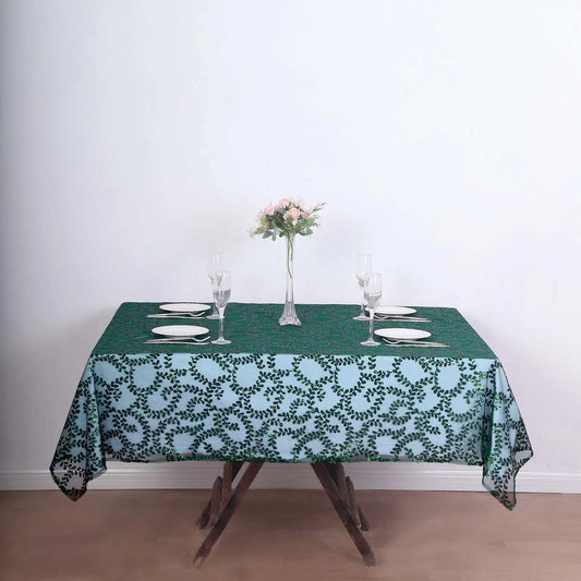 Tulle 72"x72" Table Overlay Square Tablecloth Hunter Emerald Green - Sequin Leaf Embroidered Table Topper - Bell Racket Store