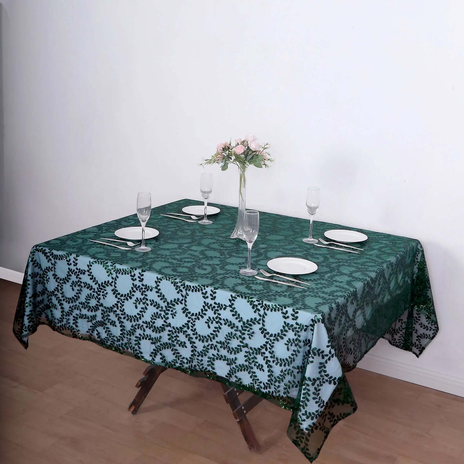 Tulle 72"x72" Table Overlay Square Tablecloth Hunter Emerald Green - Sequin Leaf Embroidered Table Topper - Bell Racket Store
