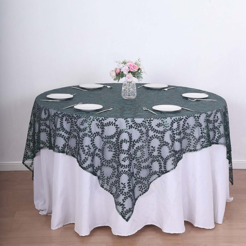 Tulle 72"x72" Table Overlay Square Tablecloth Hunter Emerald Green - Sequin Leaf Embroidered Table Topper - Bell Racket Store