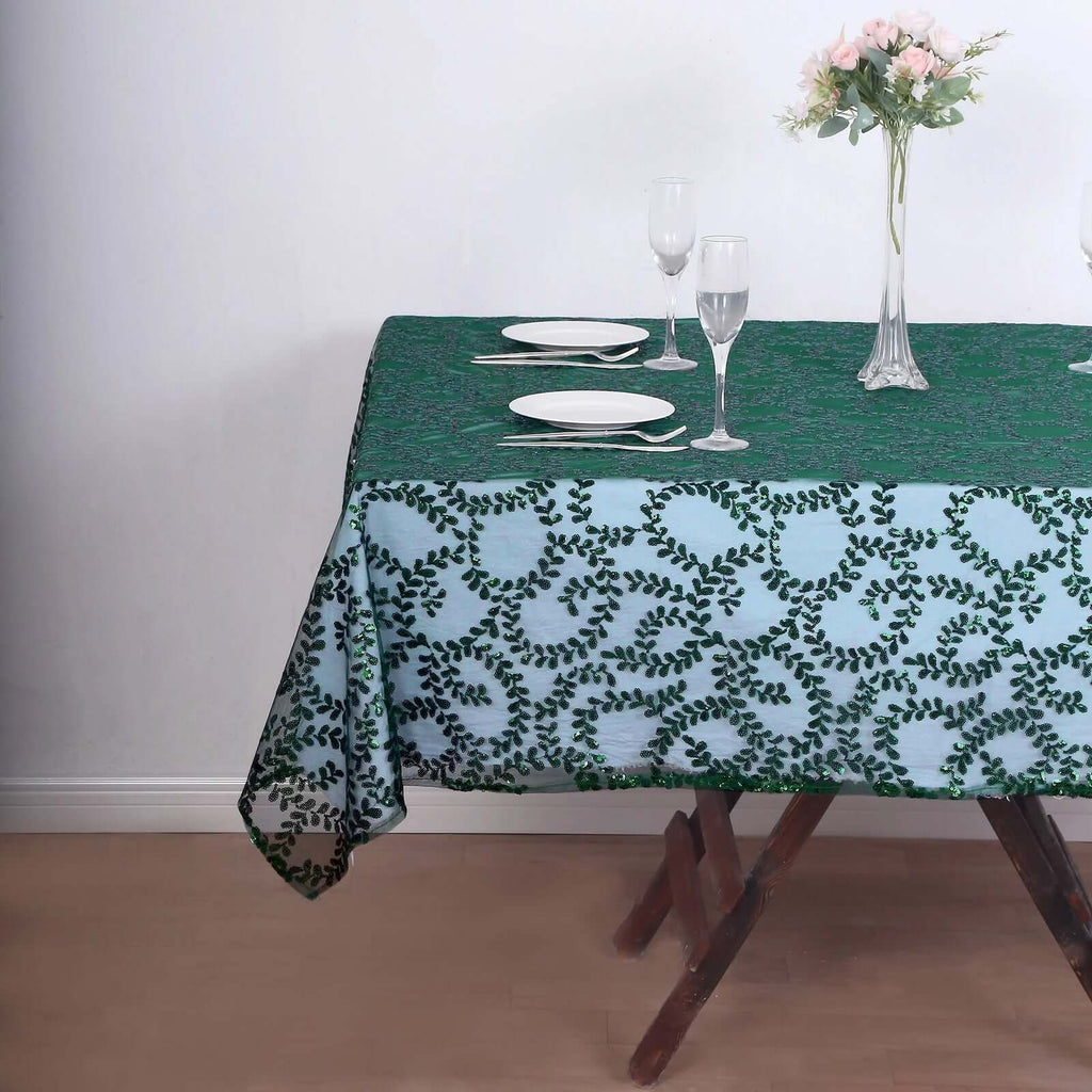 Tulle 72"x72" Table Overlay Square Tablecloth Hunter Emerald Green - Sequin Leaf Embroidered Table Topper - Bell Racket Store