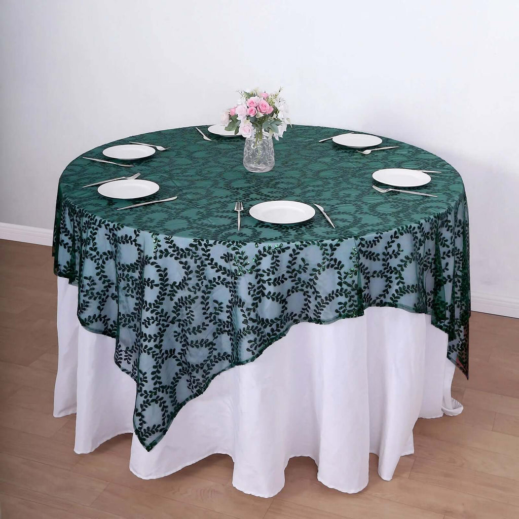 Tulle 72"x72" Table Overlay Square Tablecloth Hunter Emerald Green - Sequin Leaf Embroidered Table Topper - Bell Racket Store