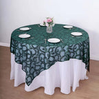 Tulle 72"x72" Table Overlay Square Tablecloth Hunter Emerald Green - Sequin Leaf Embroidered Table Topper - Bell Racket Store