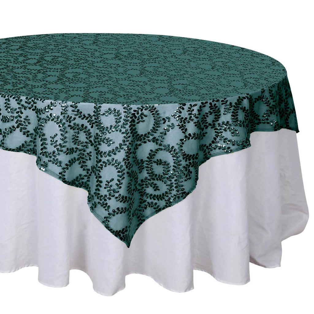 Tulle 72"x72" Table Overlay Square Tablecloth Hunter Emerald Green - Sequin Leaf Embroidered Table Topper - Bell Racket Store