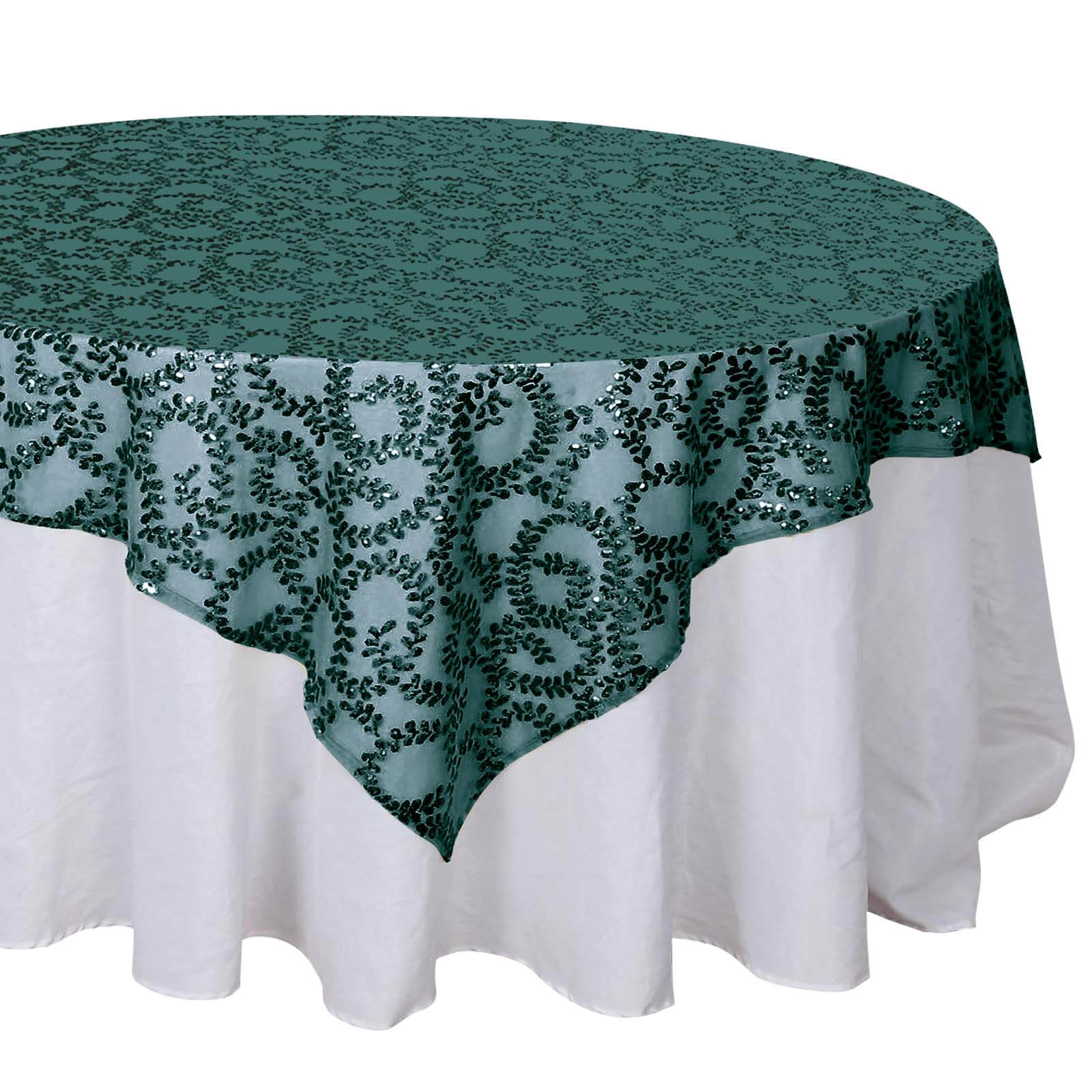 Tulle 72"x72" Table Overlay Square Tablecloth Hunter Emerald Green - Sequin Leaf Embroidered Table Topper - Bell Racket Store