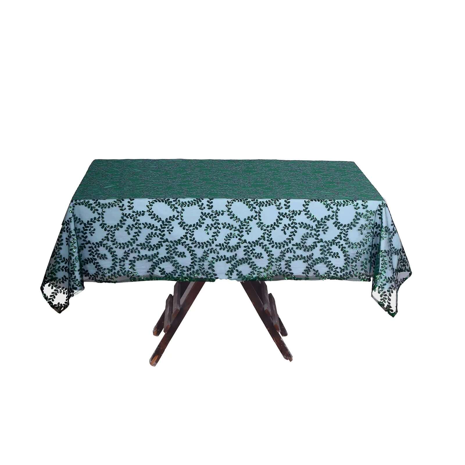 Tulle 72"x72" Table Overlay Square Tablecloth Hunter Emerald Green - Sequin Leaf Embroidered Table Topper - Bell Racket Store