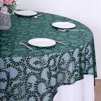 Tulle 72"x72" Table Overlay Square Tablecloth Hunter Emerald Green - Sequin Leaf Embroidered Table Topper - Bell Racket Store