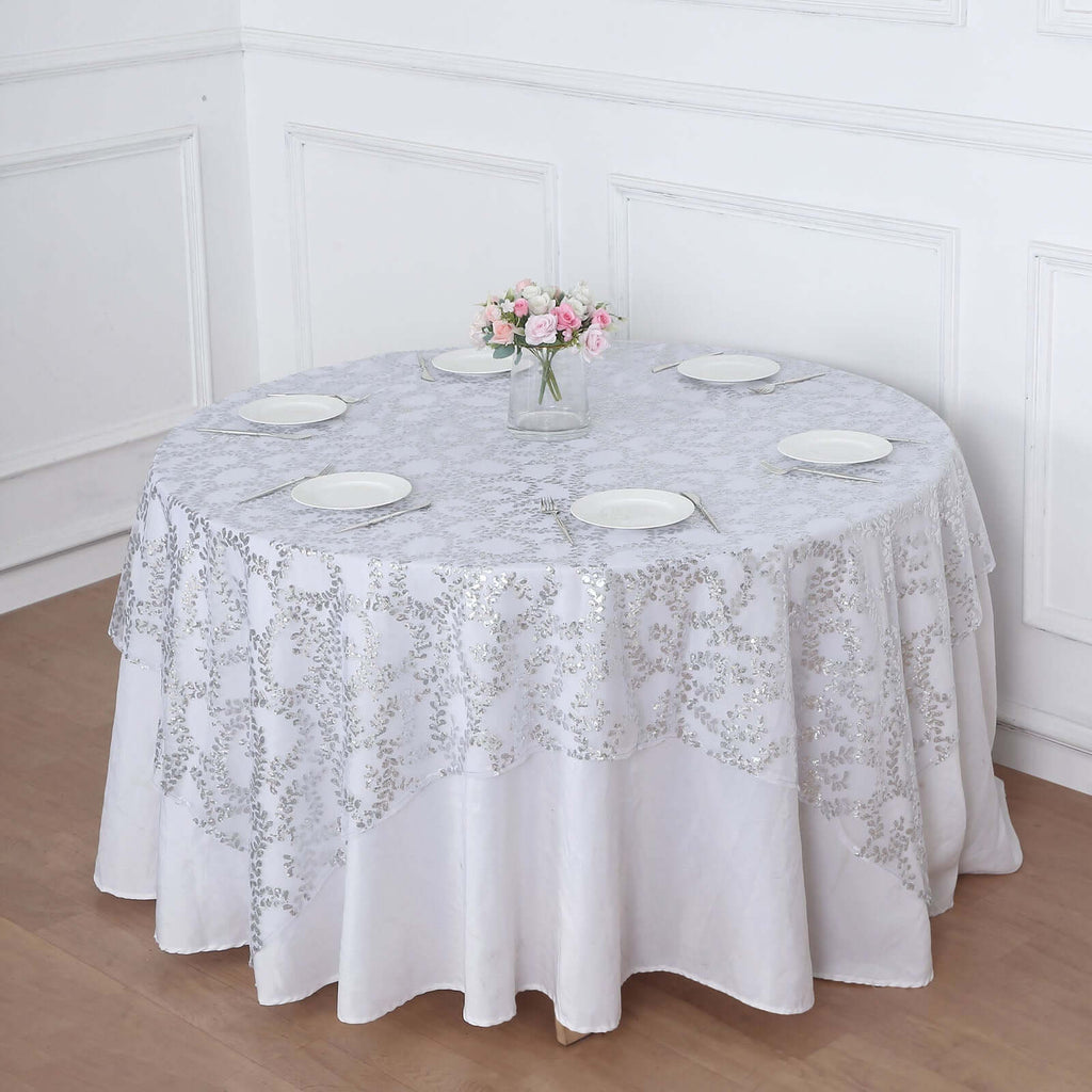 Tulle 72"x72" Table Overlay Square Tablecloth Silver - Sequin Leaf Embroidered Table Topper - Bell Racket Store