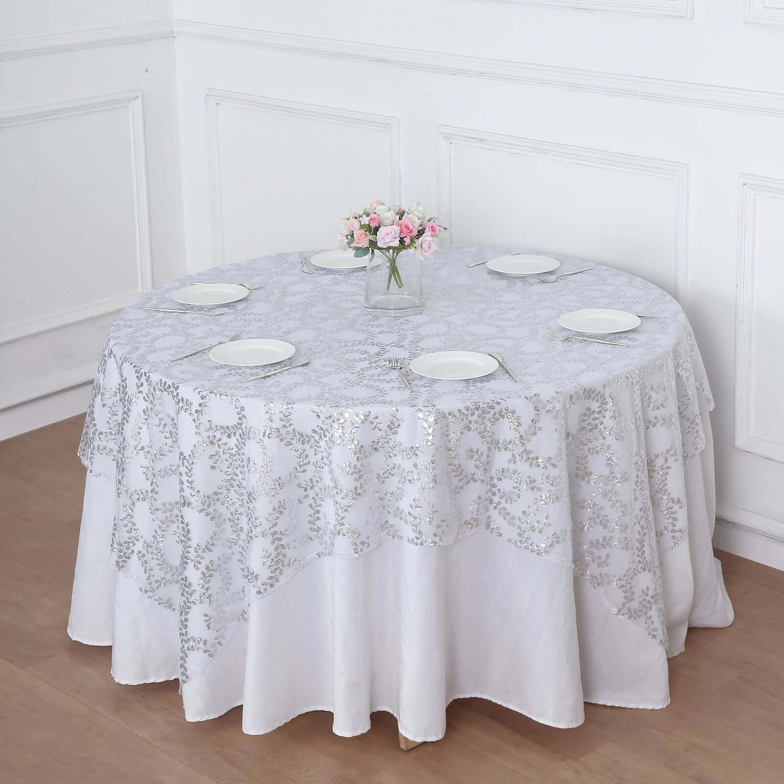 Tulle 72"x72" Table Overlay Square Tablecloth Silver - Sequin Leaf Embroidered Table Topper - Bell Racket Store