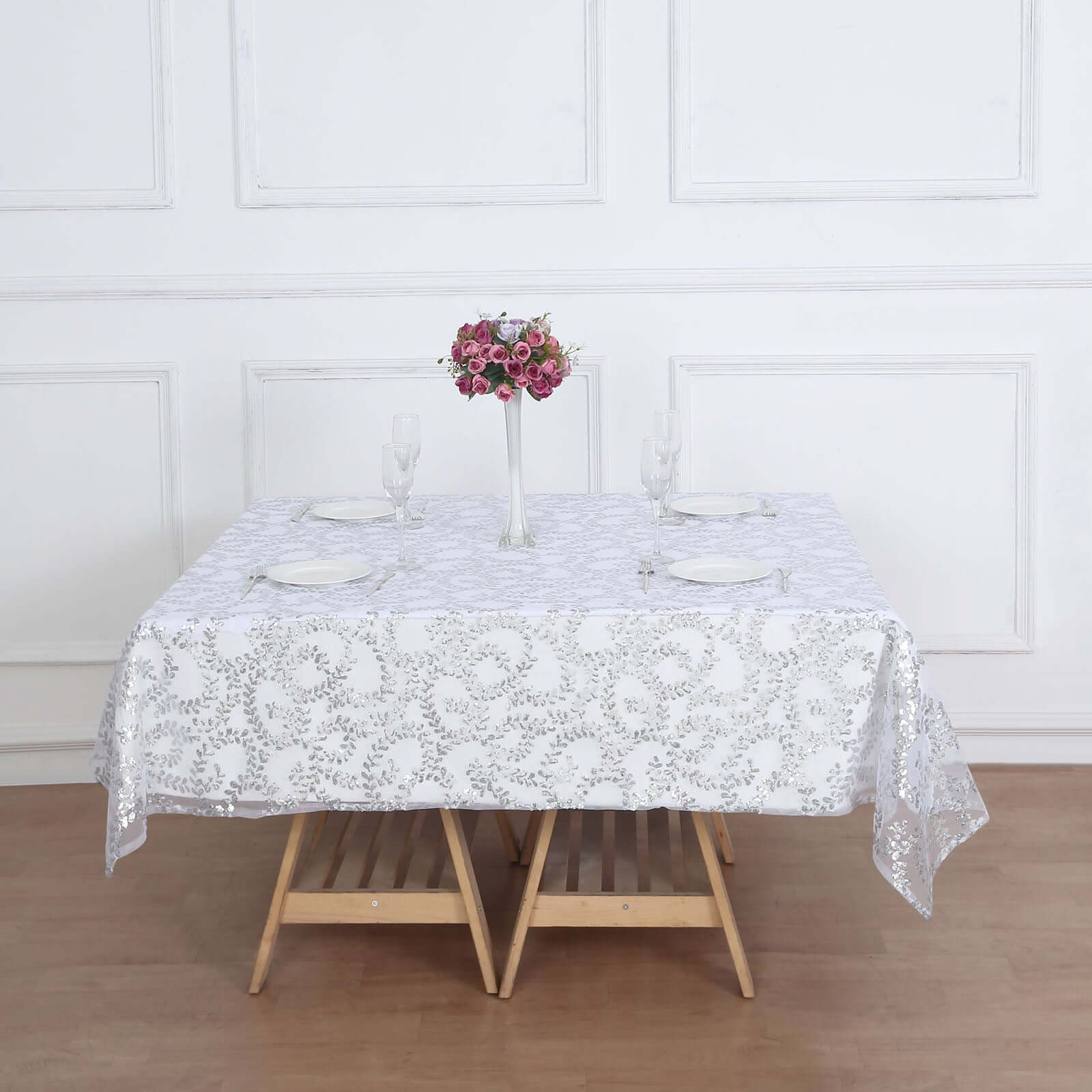 Tulle 72"x72" Table Overlay Square Tablecloth Silver - Sequin Leaf Embroidered Table Topper - Bell Racket Store