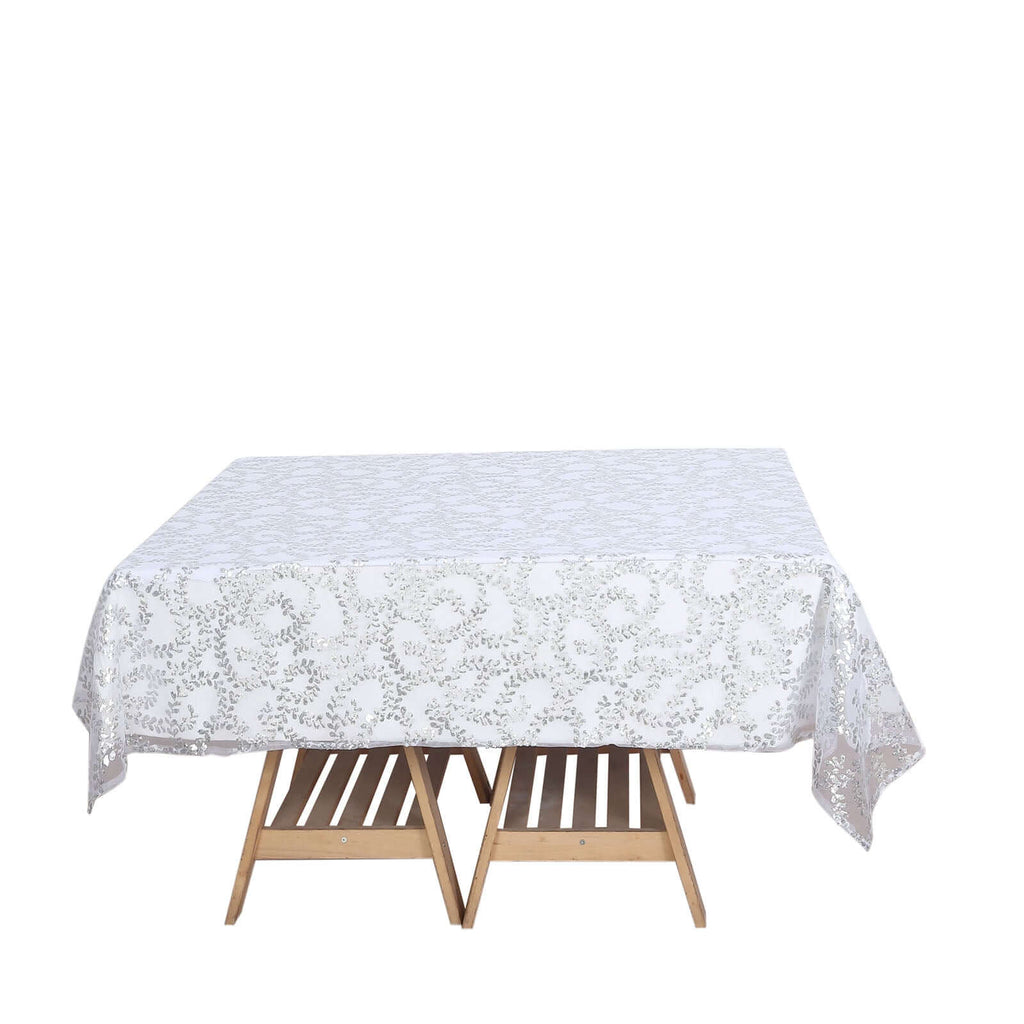 Tulle 72"x72" Table Overlay Square Tablecloth Silver - Sequin Leaf Embroidered Table Topper - Bell Racket Store