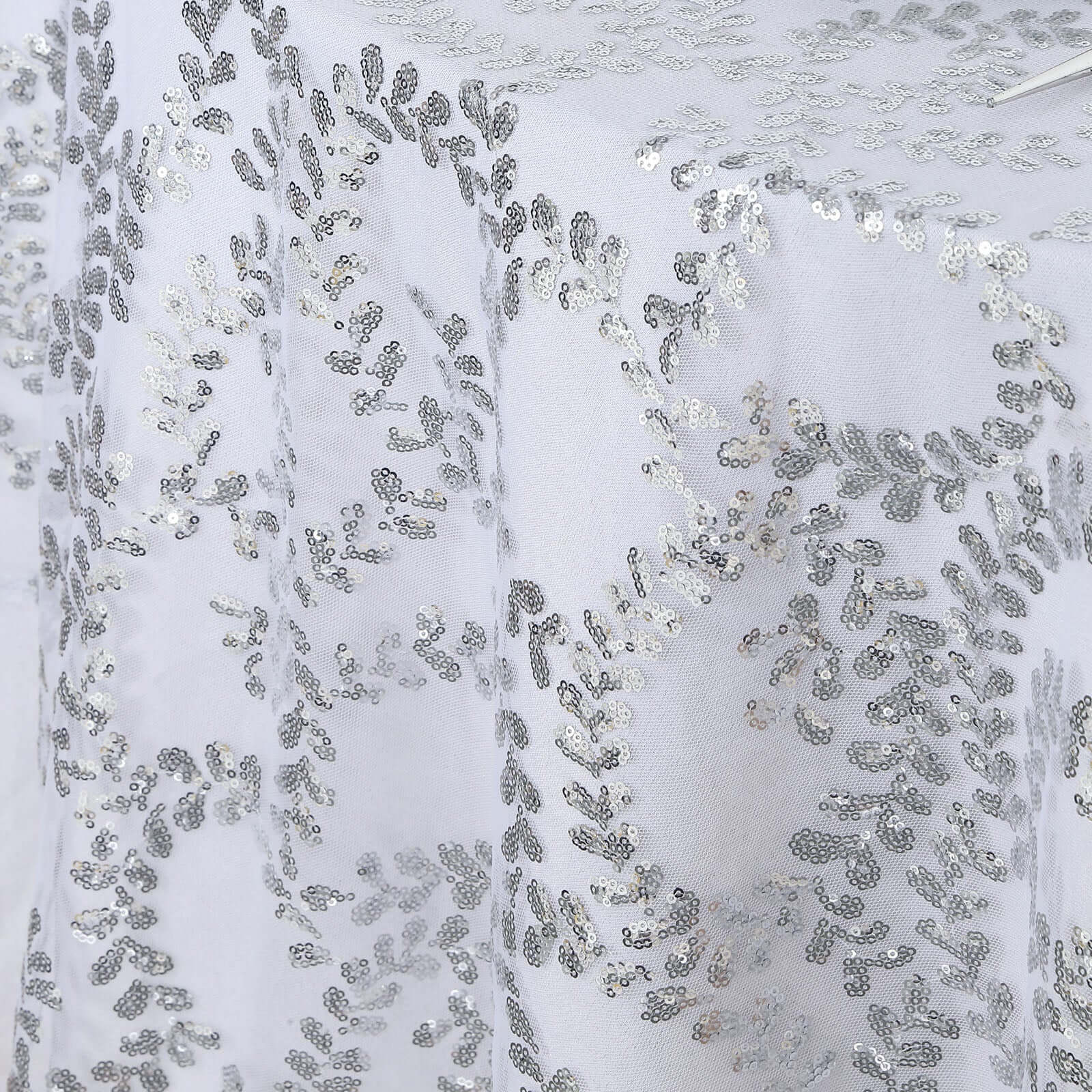 Tulle 72"x72" Table Overlay Square Tablecloth Silver - Sequin Leaf Embroidered Table Topper - Bell Racket Store