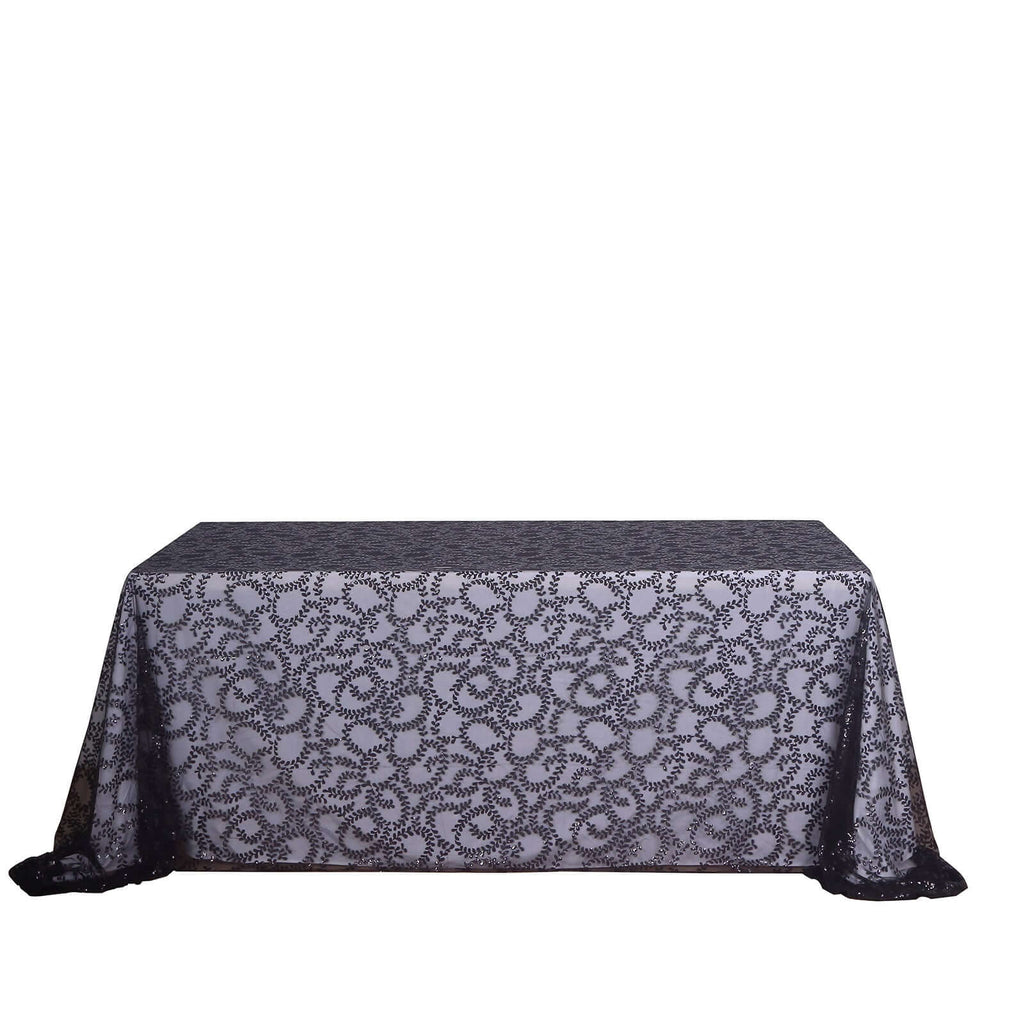 Tulle 90"x156" Rectangle Tablecloth Black - Sequin Leaf Embroidered Table Cover - Bell Racket Store