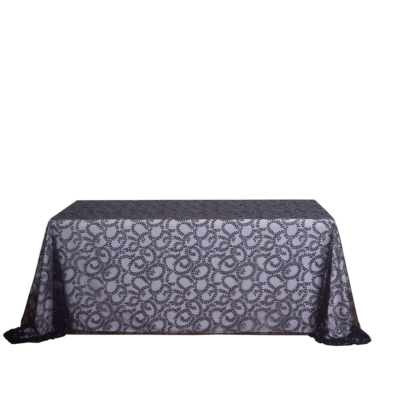 Tulle 90"x156" Rectangle Tablecloth Black - Sequin Leaf Embroidered Table Cover - Bell Racket Store