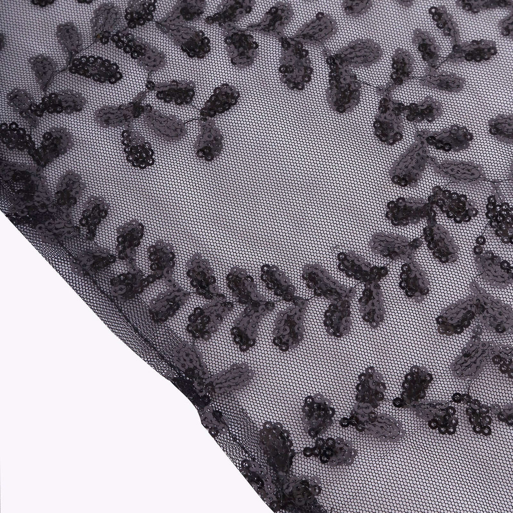 Tulle 90"x156" Rectangle Tablecloth Black - Sequin Leaf Embroidered Table Cover - Bell Racket Store