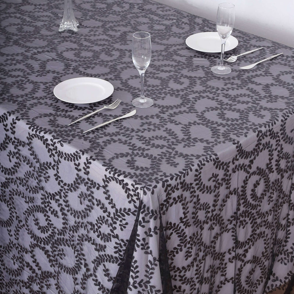 Tulle 90"x156" Rectangle Tablecloth Black - Sequin Leaf Embroidered Table Cover - Bell Racket Store